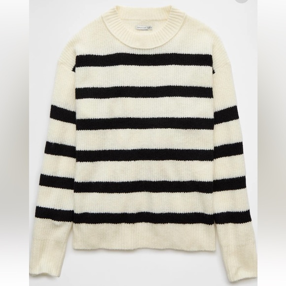 AE XS WHOA SO SOFT CREWNECK SWEATER CREAM BLACK HORIZONTAL STRIPE - Picture 4 of 10